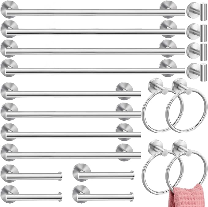 Gisafai 20 Pcs Bathroom Hardware Set, 23.6 Inch Brushed Towel Bar Ring Toilet Paper Holder Robe Towel Hook, Sus304 Stainless Steel Bathroom Accessory Set Wall Mounted (Silver)