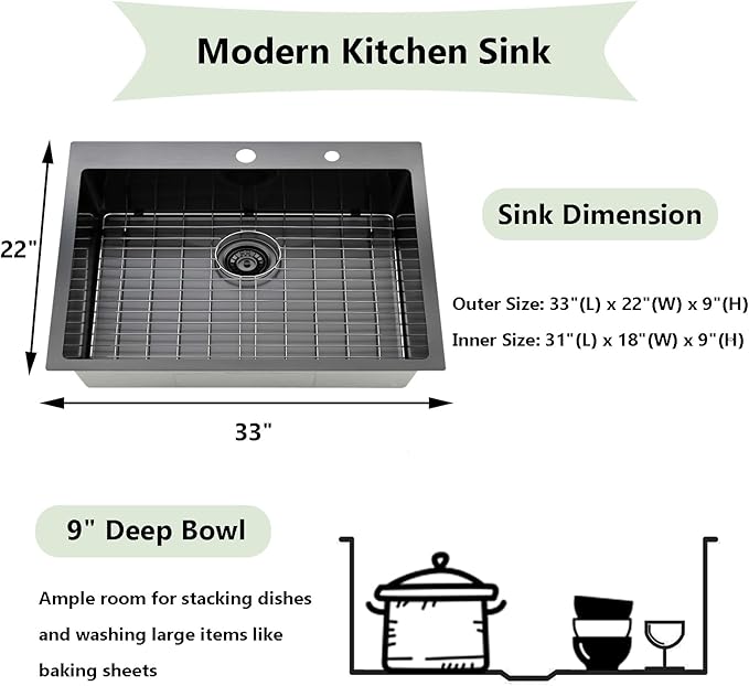 33″x22″x9″ Drop In Black Kitchen Sink, Top mount Stainless Steel Gunmetal Black Sink 16 Gauge Single Bowl, Handmade Commercial Modern Prep Kitchen Sinks
