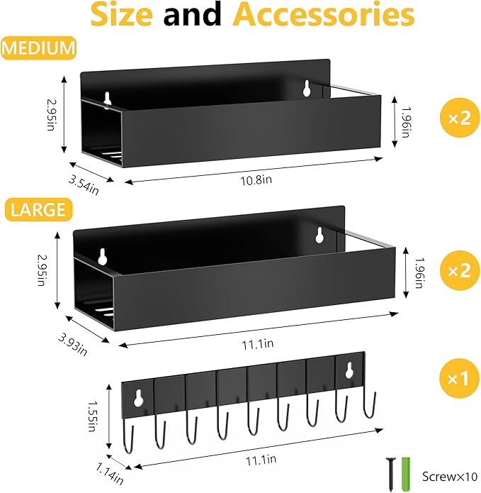 Magnetic Spice Rack for Refrigerator, 4 Pack Magnetic Shelf with 1 Hook Magnet Spice Storage Rack Seasoning Organizer with Screw for Oven Fridge (Black, 4Rack&1Hook)