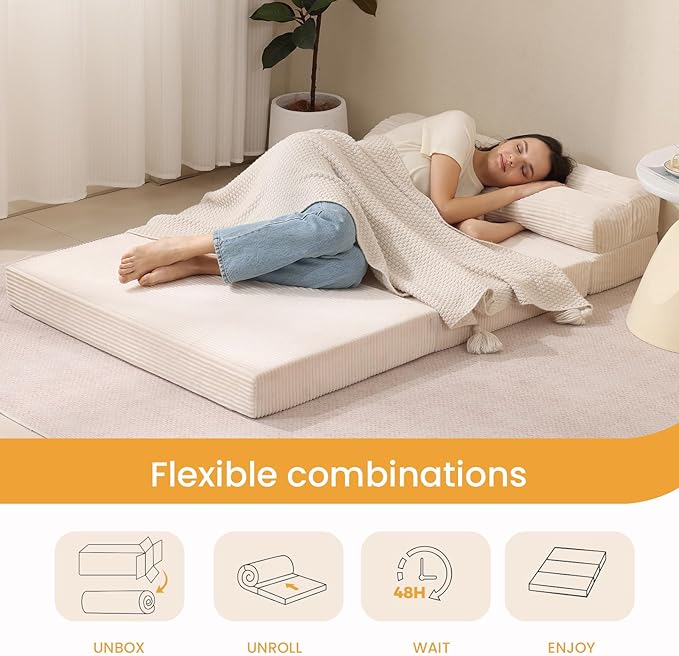 Folding Mattress Twin Size, 3 in 1 Convertible Sofa Bed Fold Out Couch Bed Floor Couch Lounge Sleeper Mattress for Living Room, Guest Room, High-Density Memory Foam 5'', Beige