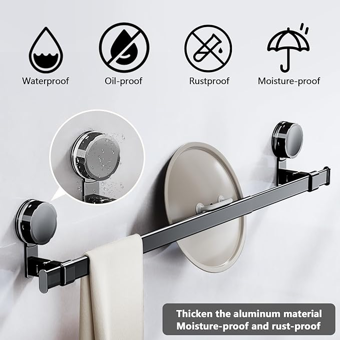 MIKEE Towel Rack for Bathroom,25.2inch - 43.3inch Suction Cup Towel Bar, Adjustable Towel Racks for Bathroom Wall Mounted with 180° Rotation, Heavy Duty Towel Holder, Bathroom Accessories