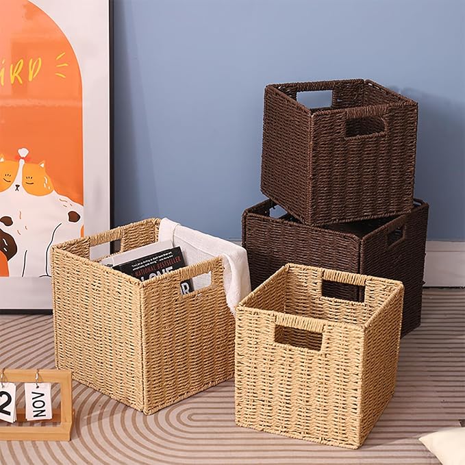 10.5x10.5in Storage Basket, 1 Pack Black Paper Rope Woven Baskets,Foldable Handwoven Storage Cubes,Wicker Cube Baskets Laundry Organizer Totes for Bathroom, Bedroom, Laundry, Pantry, Shelves