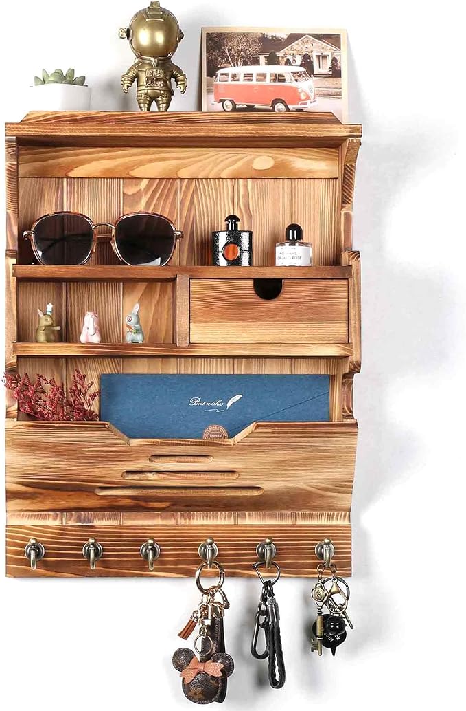 Key Holder for Wall, Elegant Wall-Mounted Mail Organizer with Storage Drawers, Brown