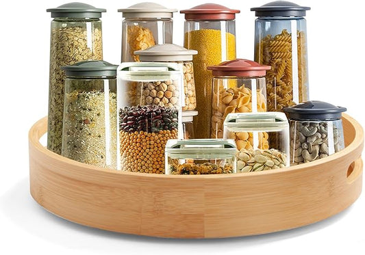 12in Bamboo Lazy Susan Turntable Organizer - Tall Side Anti-Fall Spinning Storage for Kitchen,Pantry, Countertop & Cabinet | Rotating Round Spice, Seasoning & Condiment Tray