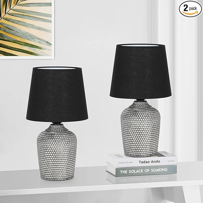 Sucolite 11.8'' Small Table Lamps Set of 2, Bedside Nightstand Lamps for Bedroom Kid’s Room, Cute Desk Lamps with Studded Texture Base for Reading Nursery Living Room Office, Black