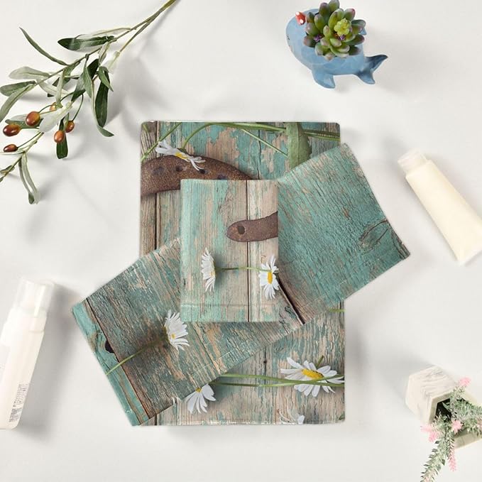 Rustic Western Horseshoe Bath Towels Set,Absorbent Soft 3 Piece Teal White Daisy Flower Wooden Barn Plank Towels for Bathroom,1 Bath Towel 1 Hand Towel 1 Washcloth,Decoractive Bathroom Towels