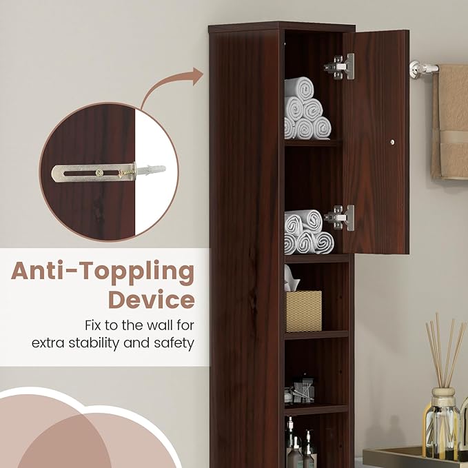 Tangkula Tall Slim Bathroom Storage Cabinet, 71" Freestanding Bathroom Cabinet w/ 2 Doors, 1 Drawer & 5 Adjustable Shelves, Floor Narrow Tower Cabinet for Small Spaces, 8" x 8" x 71" (Brown)