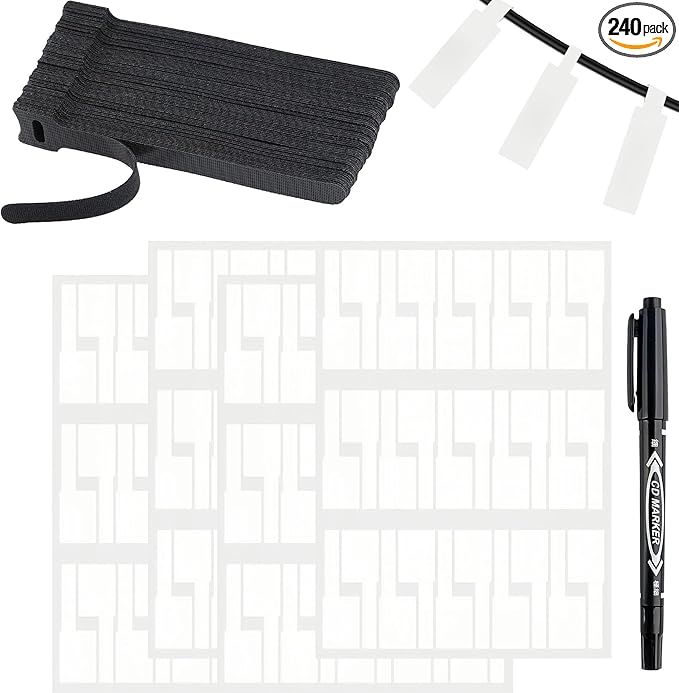 240-Pack Reusable Cable Labels & 6-Inch Black Hook & Loop Ties Bundle - Wire Management System w/Bonus Marker, Water-Resistant Cord Organizer for Home Office, Electronics, Computer Wires