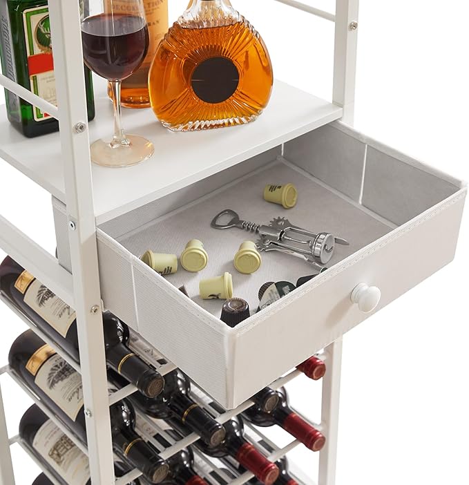 IBUYKE Wine Rack Freestanding Floor, Bar Cabinet for Liquor and Glasses,Coffee Bar Cabinet 4-Tier Wood bar Cabinet,Glass Holder and Storage Drawer for Home Bar Kitchen Living Room,White UTMJ905W