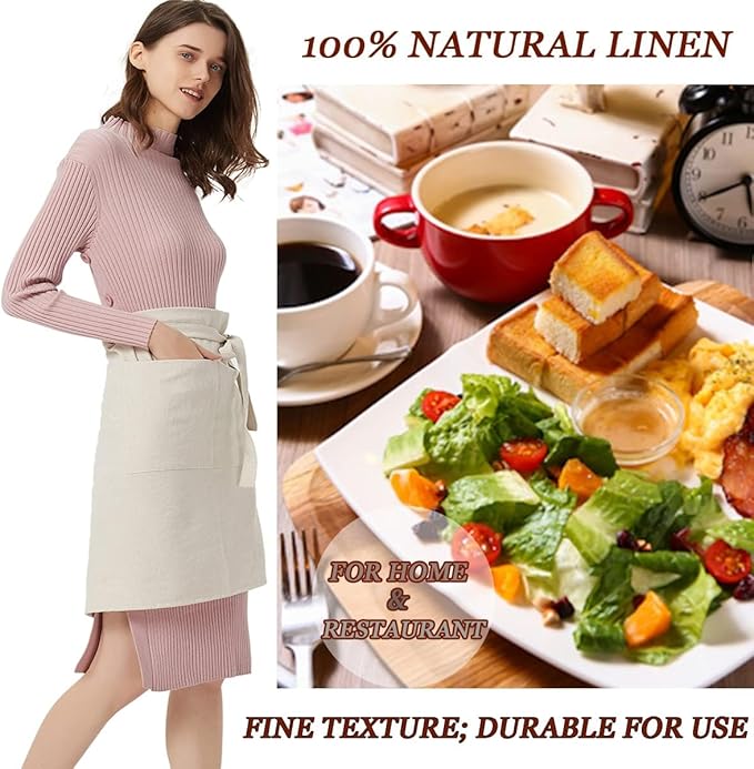 Cityelf Linen Server Apron Cotton Bistro Half Apron with Large Pockets Waist Kitchen Apron for Cooking Waitress