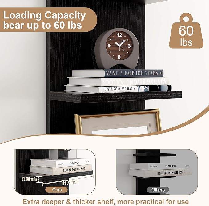 Fun Memories 5-Tier Wall Shelf Unit, 48" Tall Floating Storage Organizer for Bedroom, Living Room, and Home Decor, Black Vertical Shelving Unit