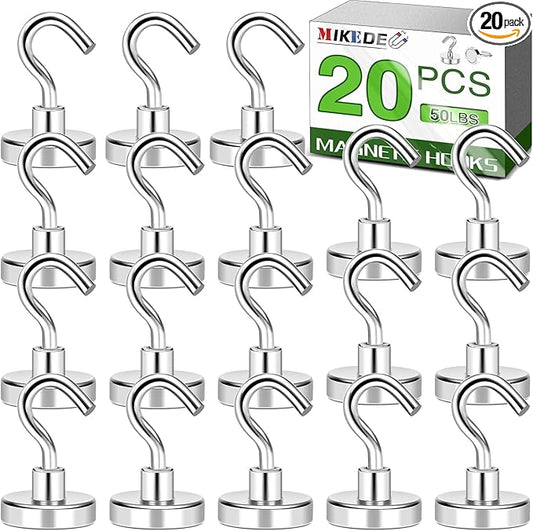 MIKEDE Magnetic Hooks Heavy Duty, 50lbs Earth Magnets with Hooks for Refrigerator, Strong Magnets with Rust Proof Metal Hooks for Cruise Cabins, Classroom, Outdoor - Pack of 20