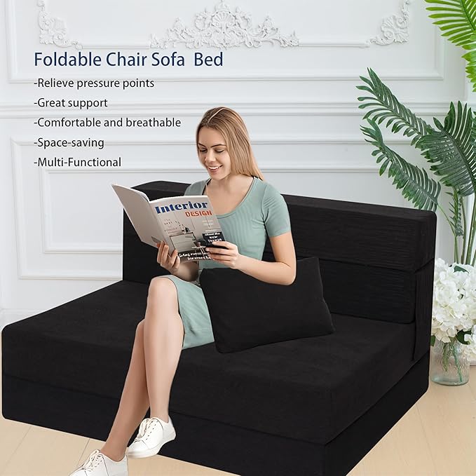 Sofa Bed Foldable Mattress ，Folding Sleeper Sofa Chair Bed Floor Mattress with Pillow for Living Room Home Office (Black-Corduroy, Twin XL)