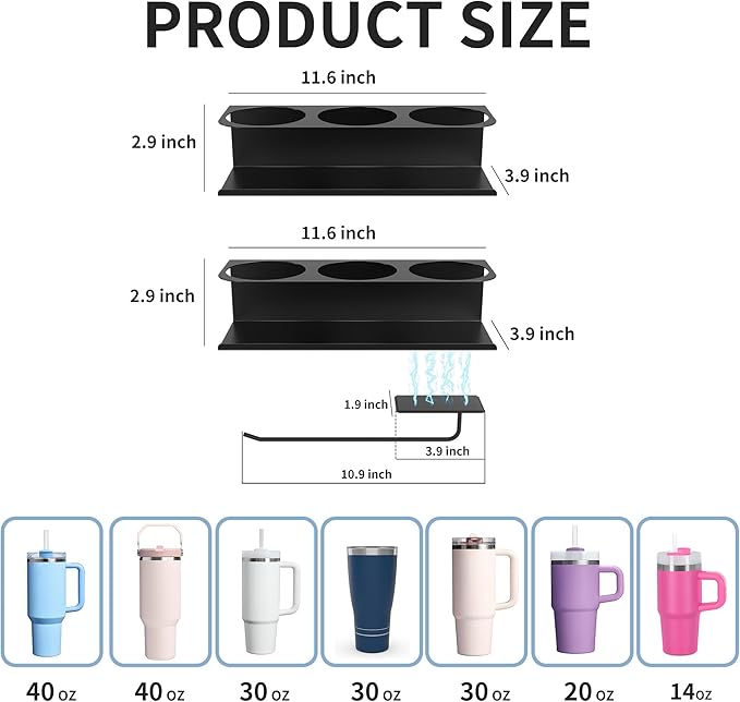 Magnetic Cup Holder for Stanley 40 & 30 oz Tumblers – Cup Holder & Organizer with 6 Slots Magnetic Fridge Lid Rack Water Bottle Organizer for Tumblers Cups and Bottles – 3-Pack Black