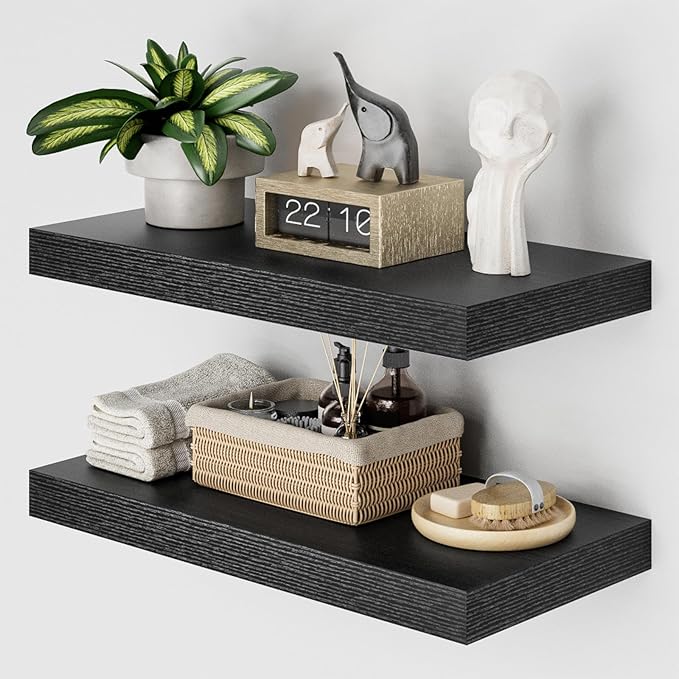 Heimlove 12" Deep Black Floating Shelves for Wall, 24 Inch Wall Shelf Bathroom Shelves Set of 2, Wall Mounted Shelves for Books Living Room Laundry Room Bedroom Kitchen Home Office