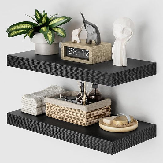 Heimlove 12" Deep Black Floating Shelves for Wall, 24 Inch Wall Shelf Bathroom Shelves Set of 2, Wall Mounted Shelves for Books Living Room Laundry Room Bedroom Kitchen Home Office