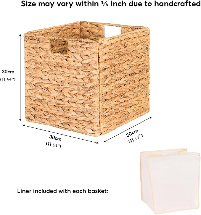 12inch Wicker Storage Cubes, Water Hyacinth Storage Baskets with Handles, Natural Foldable Square Storage Baskets for Shelves, Wardrobes, 2 Pack