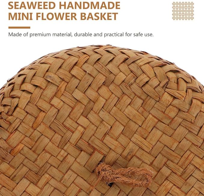 Ciieeo 2Pcs Seagrass Mini Basket with Lid Round Seagrass Storage Basket Handmade Woven Flower Mini Packing Box for Home Shelf Decor Wood Color