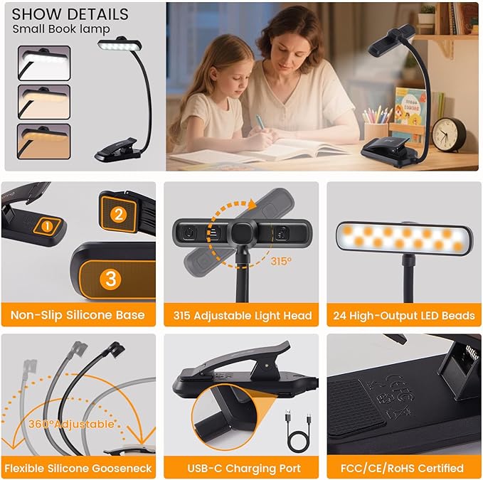 2PCS LED Rechargeable Book Light for Reading with Memory Function- Eye Caring 3 Color Temperatures, Reading Light 5 Brightness Levels, 80 Hrs Runtime Flexible Goose Neck Clip on Desk Lamp
