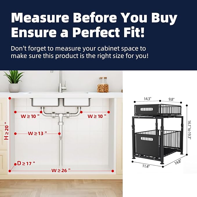 Under sink cabinet organizer dimensions and measurement specifications
