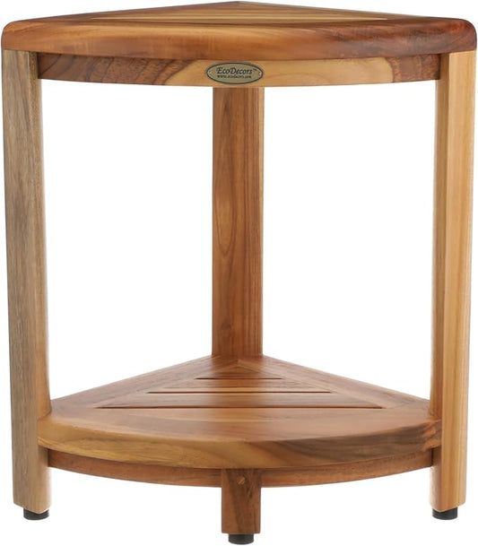 EcoDecors Fully Assembled SnazzyCorner® 18" Teak Shower Bench, Corner Shower Stool, w Shelf in Earthy Teak Finish, Compact Fit for Small Bathrooms & Walk-in Showers – Slip-Resistant Feet, Sauna Bench