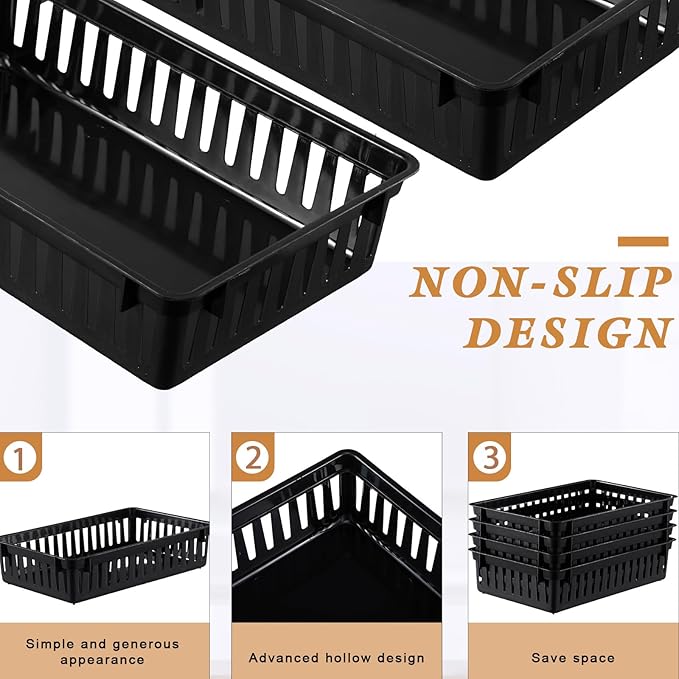 Wenqik Set of 12 Small Plastic Baskets for Organizing 10.24 x 6.5 x 2.36 Inch Pharmacy Baskets Rectangular Trays Plastic Organizer for Office Pharmacy Dorm Kitchens, Closets Shelves(Black)