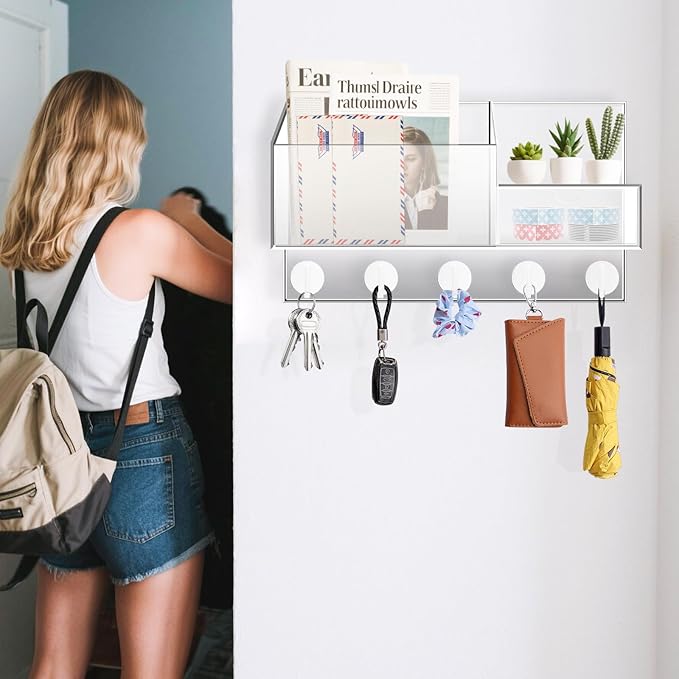 Acrylic Key Holder Wall Mount Mail Organizer for Wall with Shelf Storage Drawer and 5 Hooks, Clear