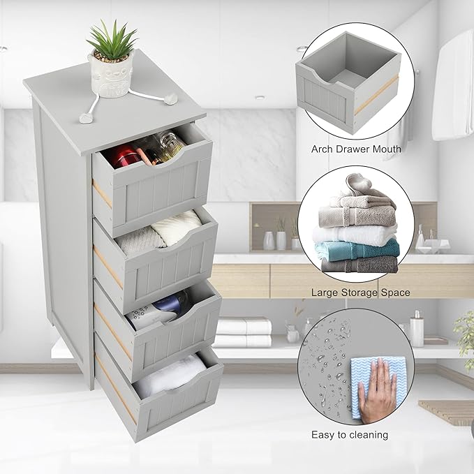 Bonnlo Bathroom Organizer and Storage Wooden Side Bathroom Cabinet with 4 Drawers Free Standing Cabinet White for Bathroom Bedroom Living Room Hallway, 11 13/16" x11 13/16" x32 3/8" (Grey)