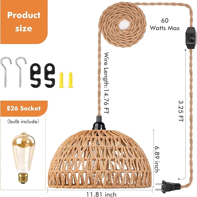 Plug in Pendant Light Rattan Hanging Lamp with 15 Ft Hemp Rope Cord, Wicker Hanging Lights with Bamboo Basket Lamp Shade,Dimmable Switch Woven Boho Plug in Ceiling Light for Living Room Bedroom