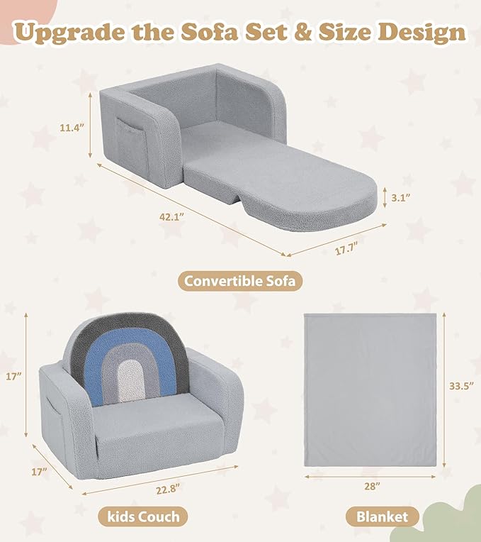 Kids Couch, 2-in-1 Soft Toddler Couch Fold Out with Blanket, Comfy Toddler Chair, Convertible Sofa, Gifts for Kids Girl Boys, Medium Blue Rainbow