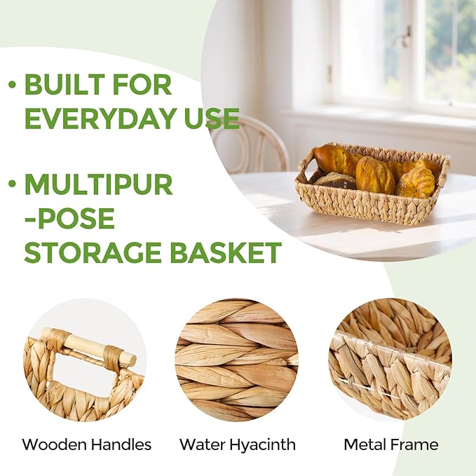 Wicker Storage Basket with Wooden Handles, Large Water Hyacinth Basket for Organizing Shelves, Natural Woven Storage Baskets for Snack, Gift, 1 Pack