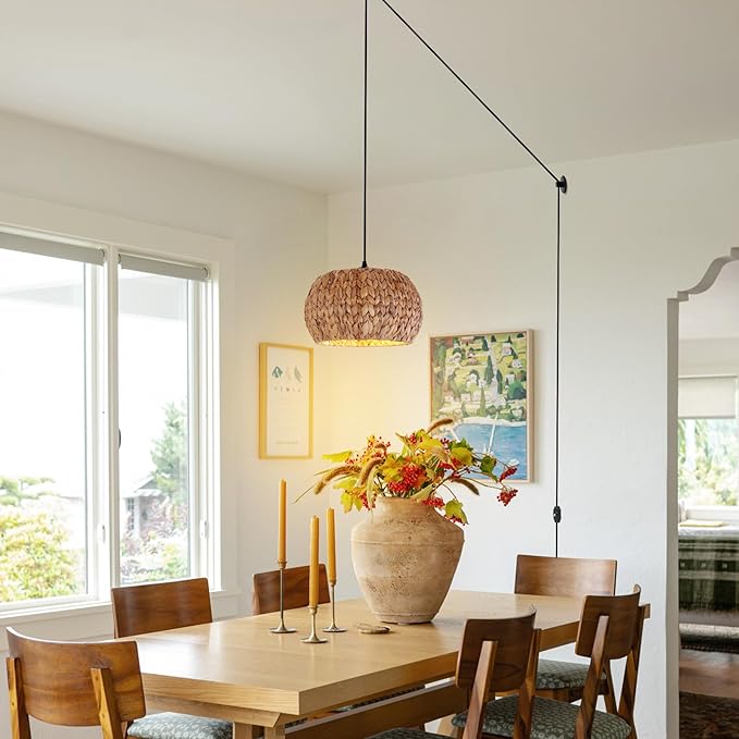HuisMier Rattan Plug in Pendant Light Boho Hanging Lights with 15 Ft Plug in Cord & Dimmable Switch, Hand Woven Lampshade Boho Hanging Lamp for Kitchen Island Dining Room Bedroom