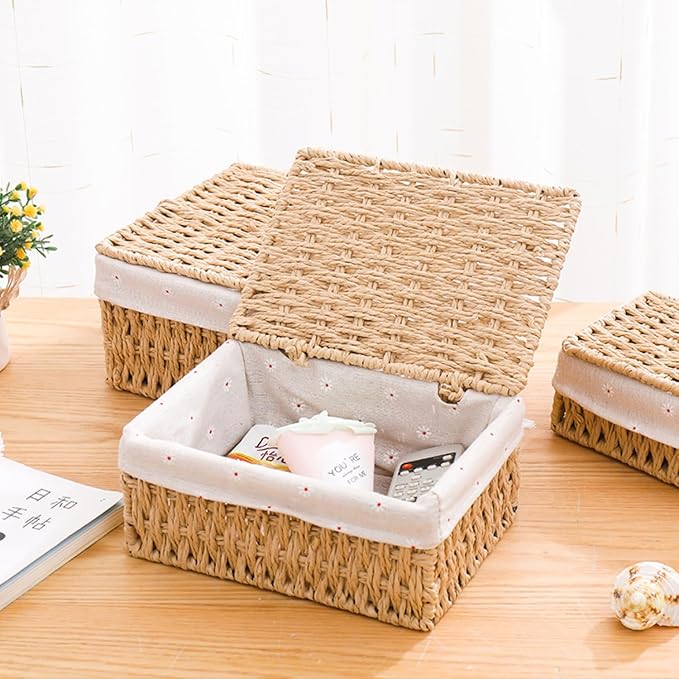 Woven Storage Baskets with Lids, Set of 3, Gray Paper Rope Wicker Bins with Lids & Removable Liners, Stackable Shelf Organizer Boxes for Bathroom Closet Nursery
