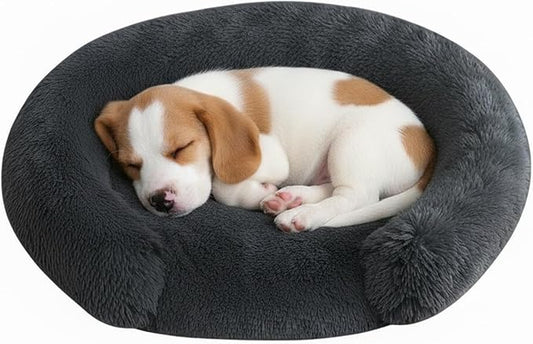 Fluffy Dog Bed Calming Donut Beds for Large Dogs Warming Round Small Medium Pet Nest Cozy Cat Mattress Indoor Washable Puppy Kennel Kittens Sleep Mat (S, 23.6×23.6 inch, Dark Gray)