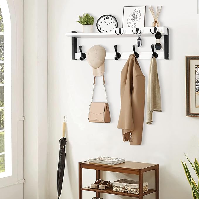 4 in 1 Coat Rack Wall Mount with Shelf, Coat Hooks 25.2" Entryway Coat Hanger with Key Hooks and Mail Holder, Wall Hooks with Shelf, Hat Rack for Wall Key Holder Mail Organizer