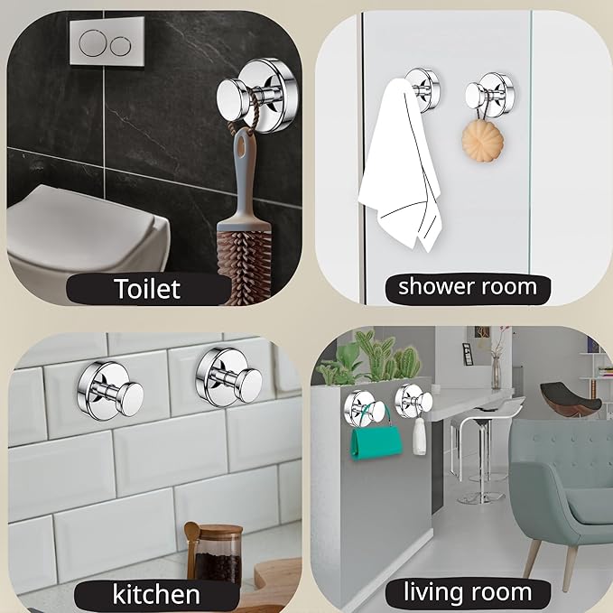 Suction Cup Hooks 4 Pack – No Drill Heavy Duty Bathroom Towel Hooks, Removable Stainless Steel Shower Hooks for Kitchen, Glass, Door, Bathrobe & Coat