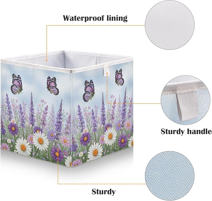 Bolaz Spring Wild Flowers Purple Butterfly Closet Organizers Storage Cubes Storage Bins Shelf Baskets Containers for Home Room Office,Square