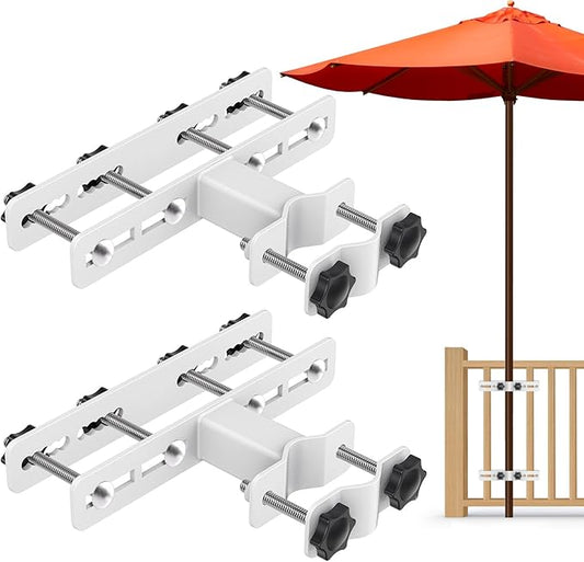 Dolibest Heavy Duty Patio Umbrella Holder - Steel Outdoor Umbrella Mount, Fully Welded for Stability, Adjustable for 1-2 inch Umbrella Pole, Wide Railing Compatibility, Space-Saving Design, 2 Pack