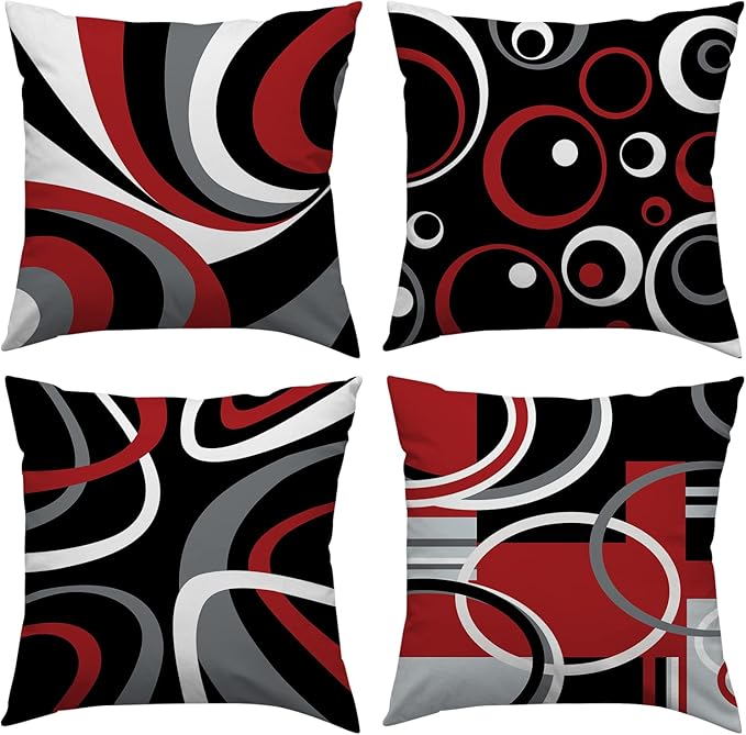 Red and Black Throw Pillow Covers 18x18 Set of 4,Grey Modern Abstract Pillowcases,Gray Geometric Circle Pattern Decor for Sofa Couch Living Room Bedroom Home Outdoor