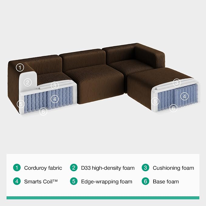 Novilla 106" Modular Sectional Sofa, Modern Cloud Sectional Couch with Smarts Coil® Support, Upholstered Boneless Couch for Living Room Apartments Bedroom, No Assembly Required, Brown (3 Seat)