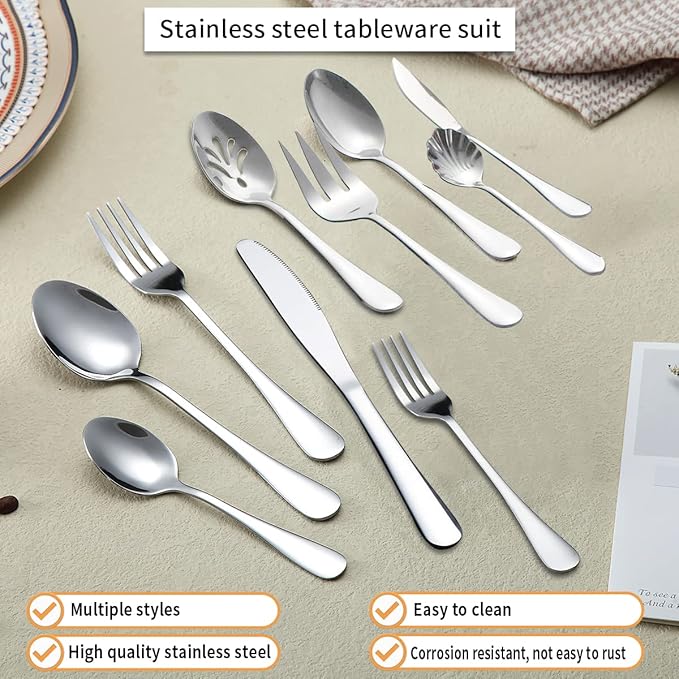 Kyraton Silverware Set 45 Pieces Service for 8, Stainless Steel Flatware Sets Cutlery Set, Spoons and Forks Silverware Dishwasher Safe, First Apartment Must Haves Utensils Set