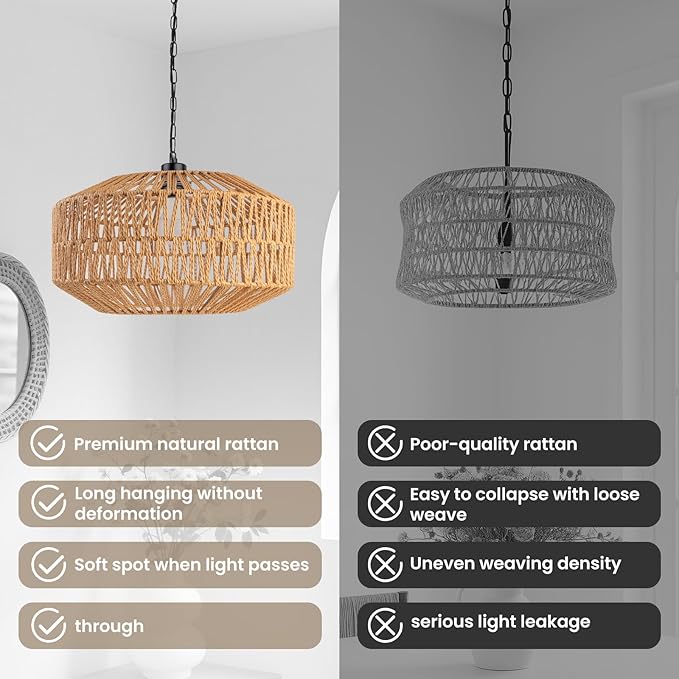 Farmhouse Chandelier Light Fixture, Rattan Boho Chandeliers, Hand Woven Pendant Light with Height Adjustable, Rustic Hanging Lighting for Living/Dining Room, Kitchen Island, Bedroom (Large)