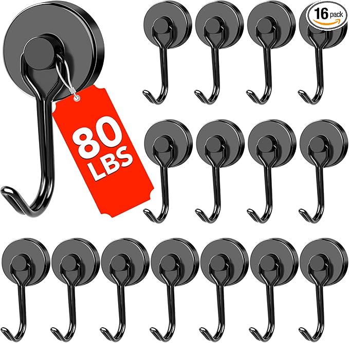DIYMAG Black Magnetic Hooks, 80LBS Strong Magnetics Heavy Duty, Magnet Hook with Metal Hanger for Hanging Refrigerator Home Kitchen Office, 16Pack