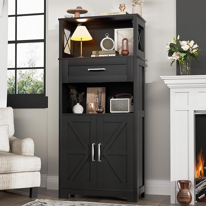 55" Tall Kitchen Pantry Cabient with 2 Microwave Stands, Farmhouse Pantry Storage Cabinet with Barn Doors and Large Drawer, Rustic Freestanding Cupboard for Kitchen and Dining Room (Black)