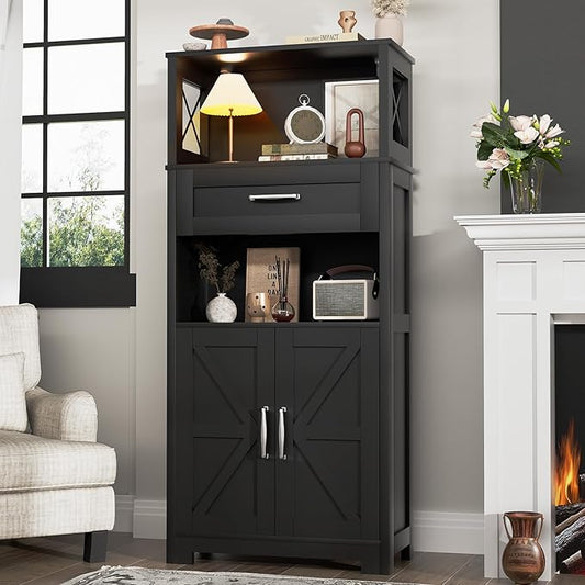 55" Tall Kitchen Pantry Cabient with 2 Microwave Stands, Farmhouse Pantry Storage Cabinet with Barn Doors and Large Drawer, Rustic Freestanding Cupboard for Kitchen and Dining Room (Black)