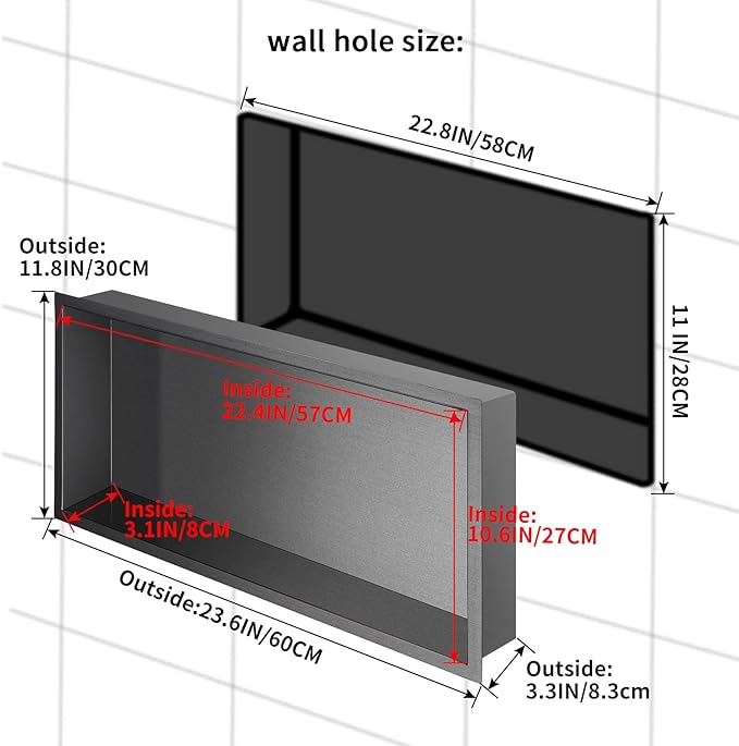 24"×12" Shower Niche Brushed Stainless Steel, Recessed Shower Caddy, Bathroom Shelf Insert Fits for 22.8"x11" Wall Hole Installation (Light Black)