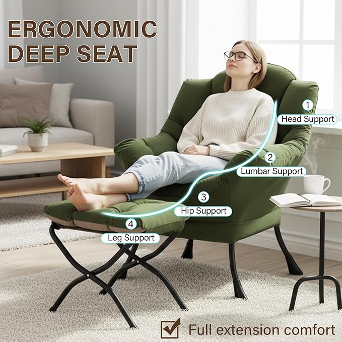 Welnow Lazy Chair with Ottoman, Modern Reading Lounge Accent Chair with Armrests and a Side Pocket, Leisure Upholstered Lazy Sofa Set with Footrest for Small Space, Army Green