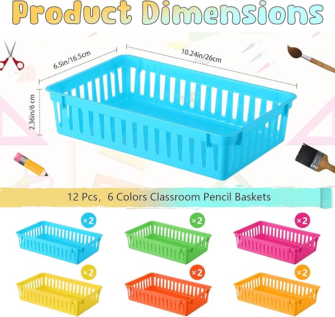 Wenqik Set of 12 Small Plastic Baskets for Organizing 10.24 x 6.5 x 2.36 Inch Pharmacy Baskets Rectangular Trays Plastic Organizer for Office Pharmacy Dorm Kitchens, Closets Shelves(Colorful)
