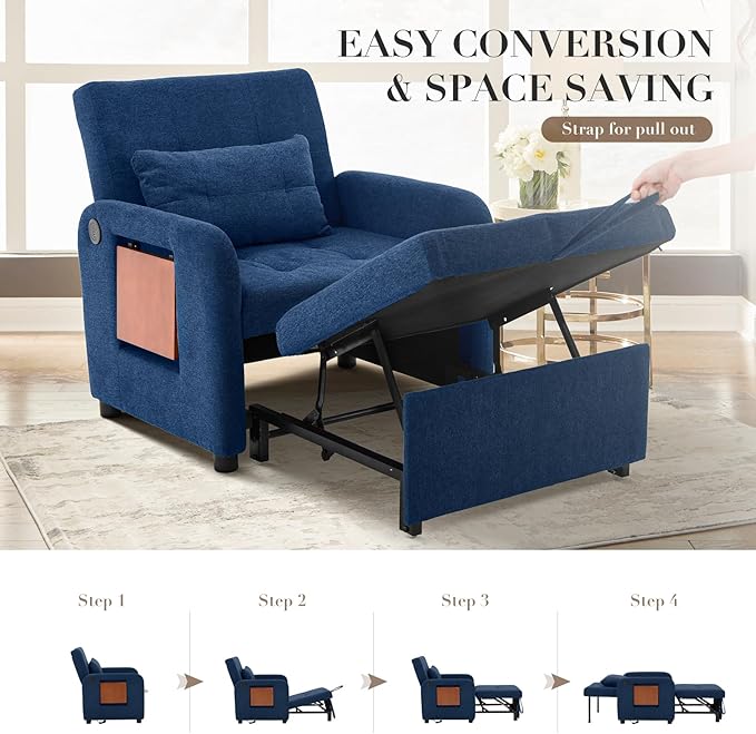 Convertible Sleeper Chair-Fabric Futon Sofa Bed, Single Sleeper Sofa, Small Couch Bed with USB Port, Foldable Table, Pillow, Adjustable Backrest for Dorm/Bedroom/College DarkBlue