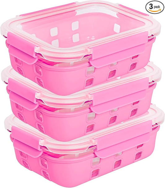 ECOBERI 4.5 Cup Glass Meal Prep Containers with Lids & Silicone Sleeves, 3-Pack Airtight, Leak-Resistant Food Storage Containers for Fridge, Freezer, Oven & Microwave